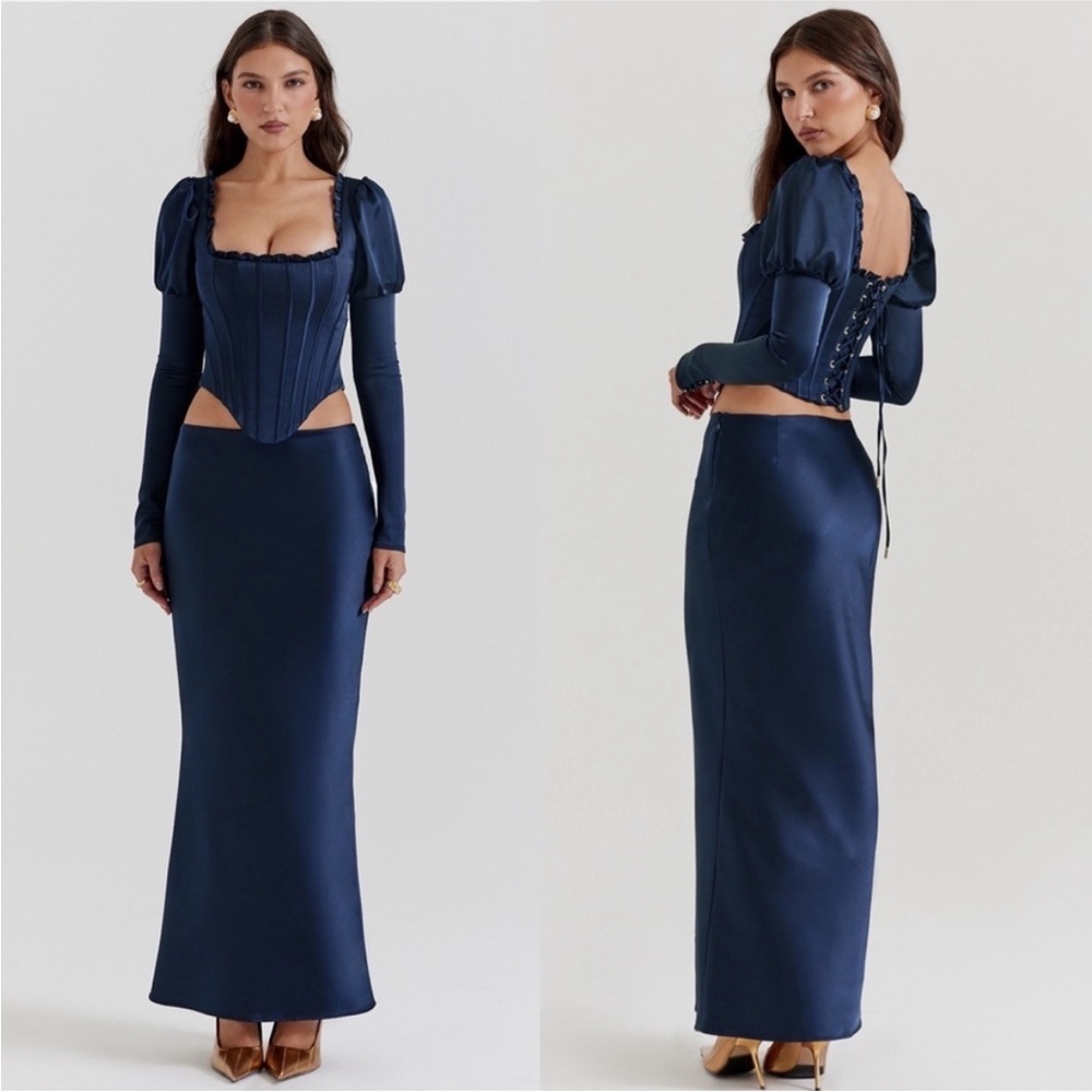 HOUSE OF CB 'Charlene' Navy Satin Bias Cut Maxi Skirt NWOT Size XS